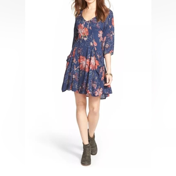 Free People Womens Indie Boho Navy Fairy Floral Trapeze 2 Dress Romantic Grunge - Picture 7 of 17